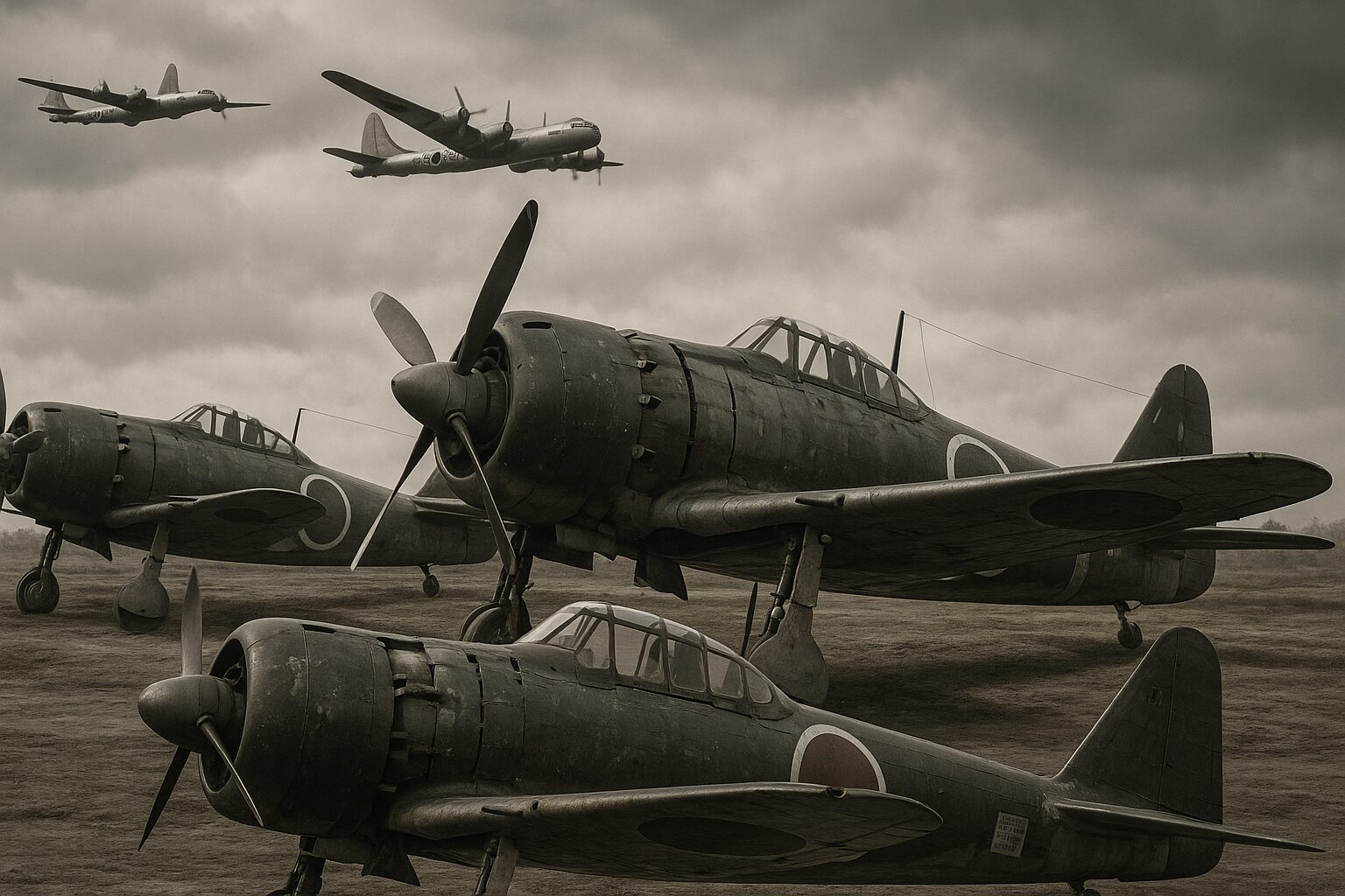 堂々と並ぶ第二次世界大戦中の日本の戦闘機