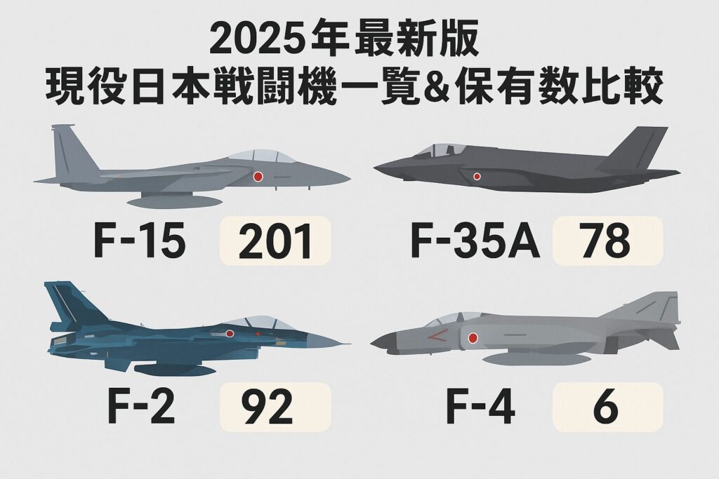 2025年の現役日本戦闘機一覧と保有数を解説するインフォグラフィック（F-35A・F-15J・F-2のシルエット入り）