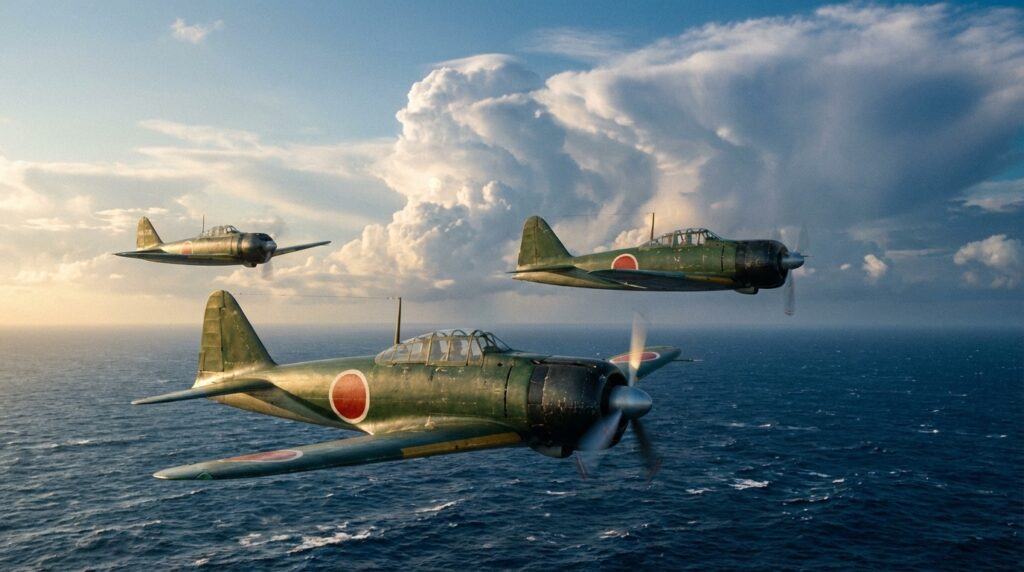 太平洋上空を編隊飛行する零戦 第二次世界大戦中の日本海軍航空隊