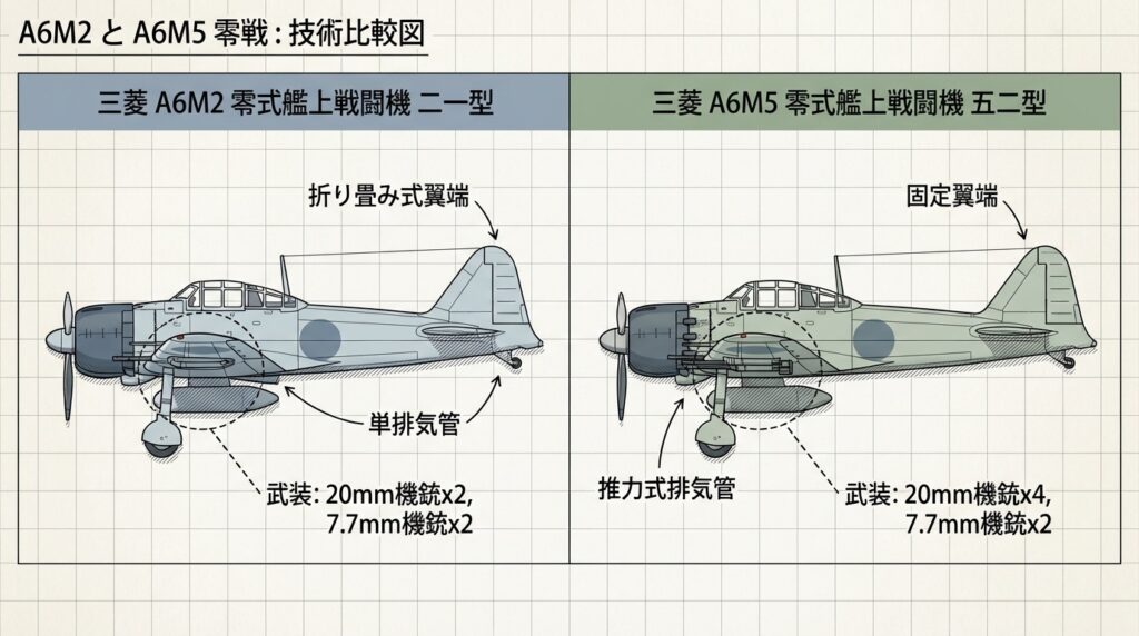 零戦21型と52型の比較図 翼端形状と排気口の違いを示す技術図解