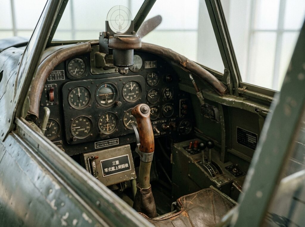 零戦のコックピット内部 シンプルな計器配置と操縦桿