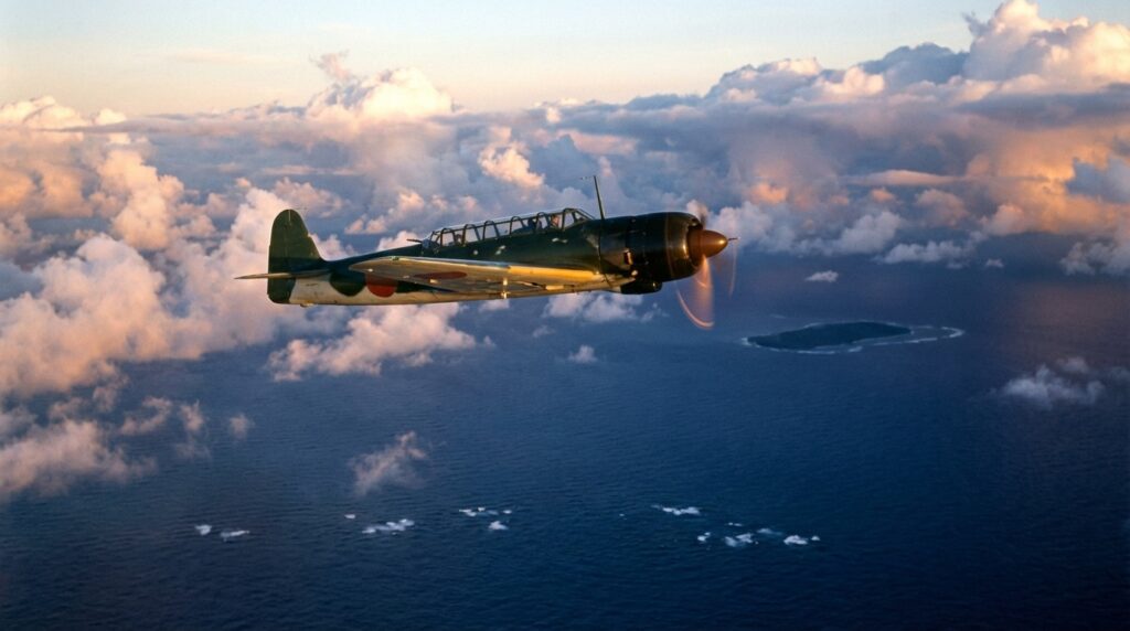 「太平洋上空を飛行する彩雲（C6N）――細身の胴体と大きなキャノピーが特徴の艦上偵察機」