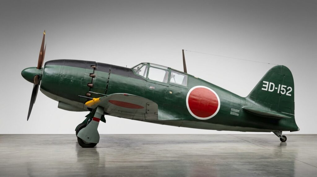 雷電J2M3の側面図——延長軸による長いカウル、短翼、尾輪式脚の全体シルエット