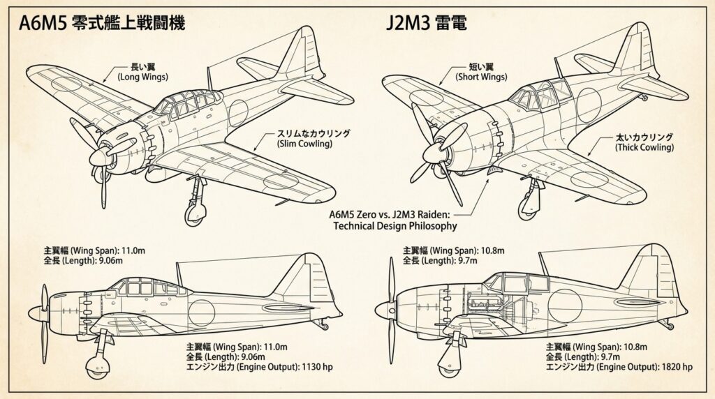 零戦A6M5と雷電J2M3の設計思想比較——長距離万能型と短距離迎撃型の違い