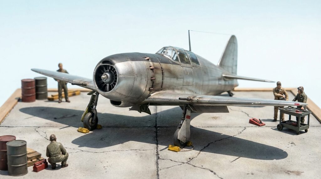 1/48スケール雷電J2M3プラモデル作例——自然金属仕上げとウェザリング表現