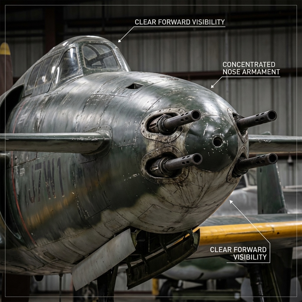 震電の機首集中火力 30mm機関砲4門が一直線に配置され照準性を最大化