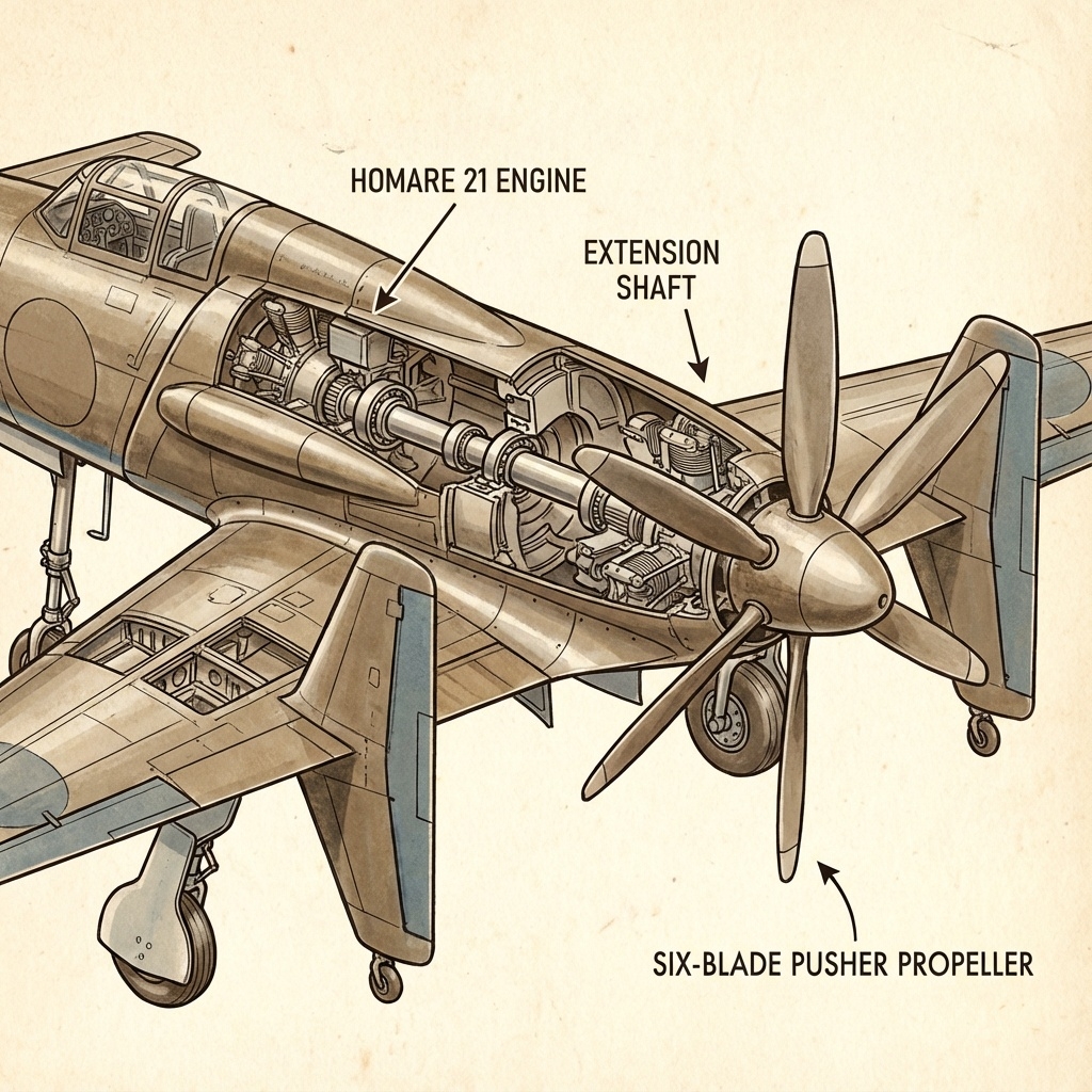 震電の後部推進式プロペラ 6枚羽根と延長軸による独特の配置