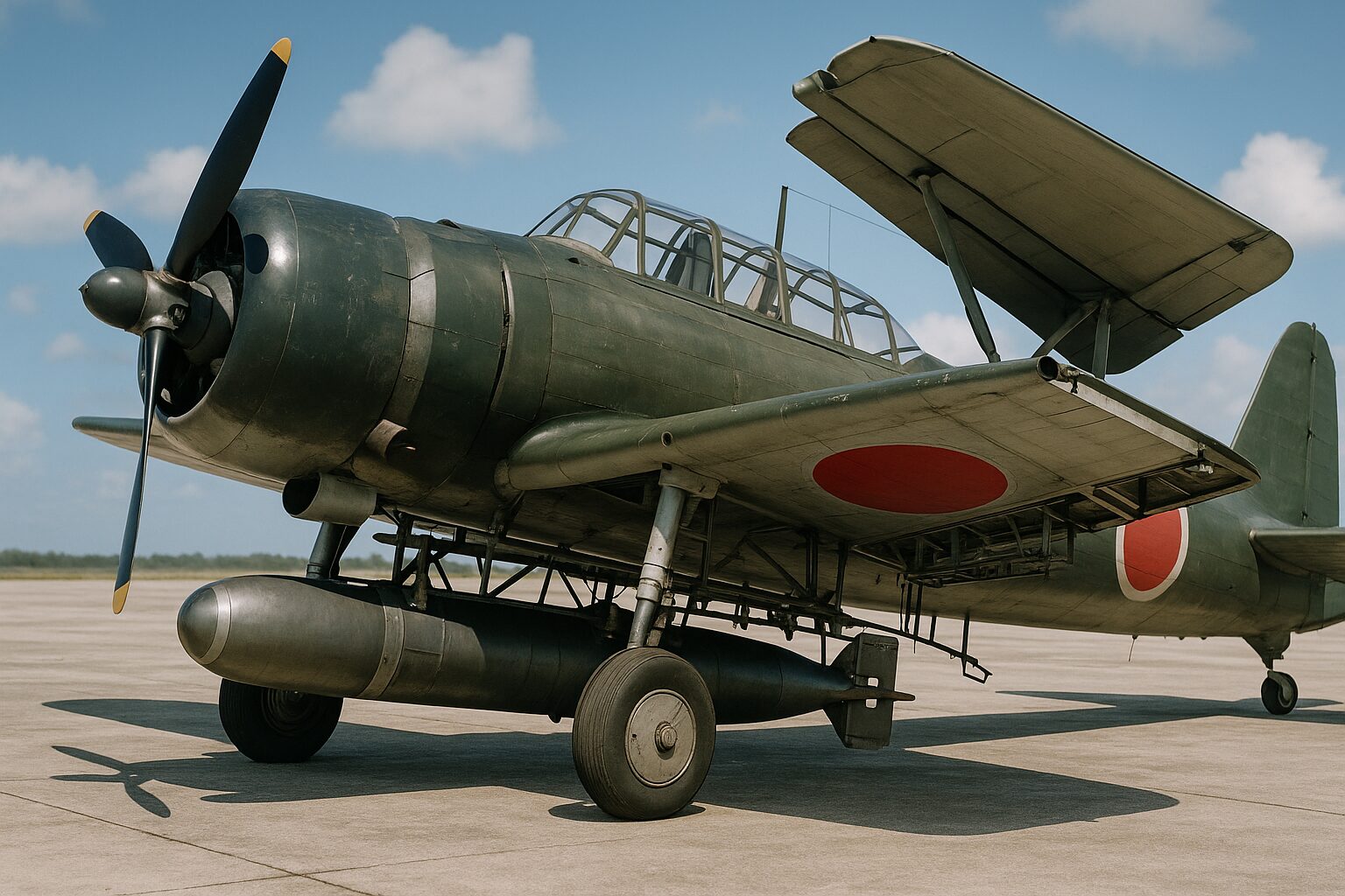 九七艦攻（B5N）の雷装姿勢。折り畳み翼と魚雷架のディテール