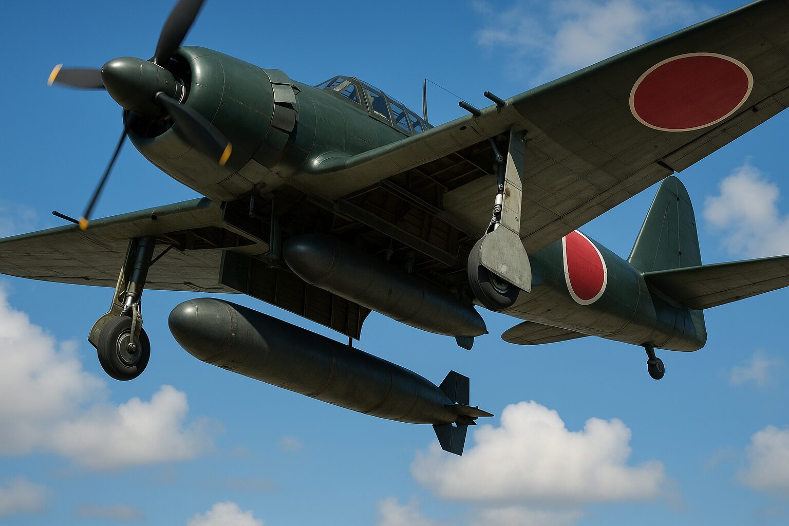 九一式航空魚雷の投下イラスト。空中安定具が着水で分離する様子