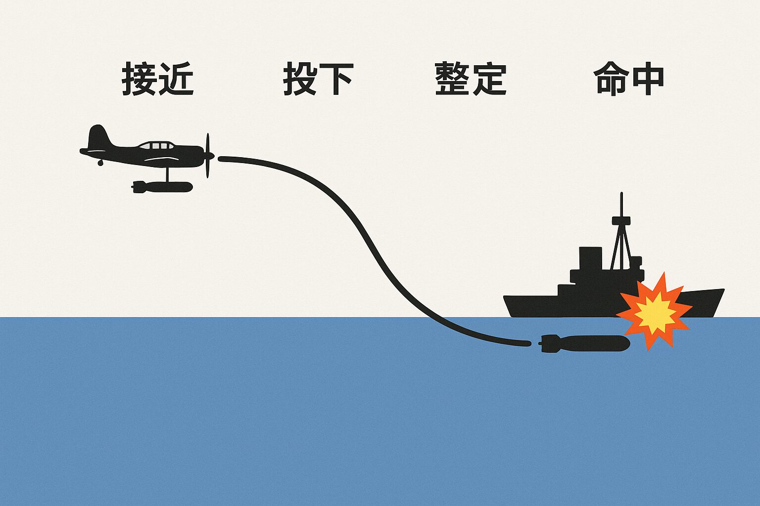 雷撃のプロファイル図。接近・投下・整定・命中の各フェーズ