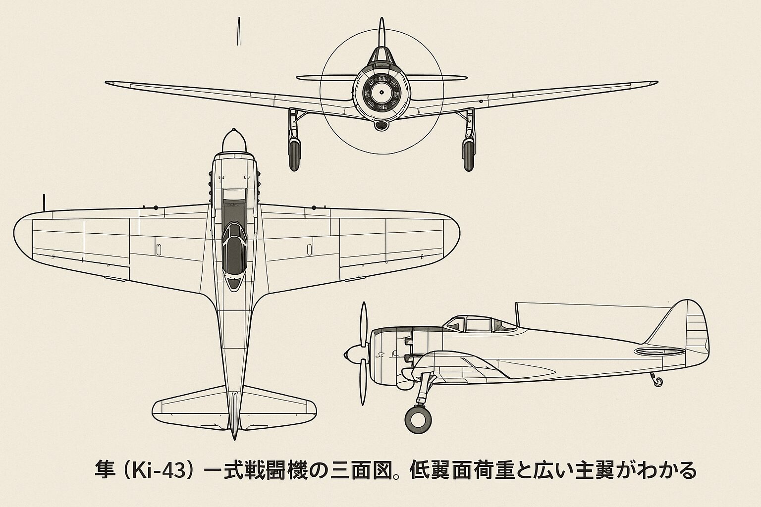 隼（Ki-43）一式戦闘機の三面図。低翼面荷重と広い主翼がわかる