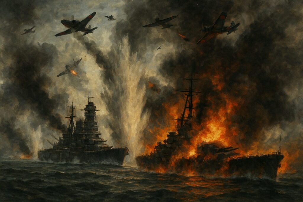 呉空襲で爆撃される戦艦伊勢と戦艦日向