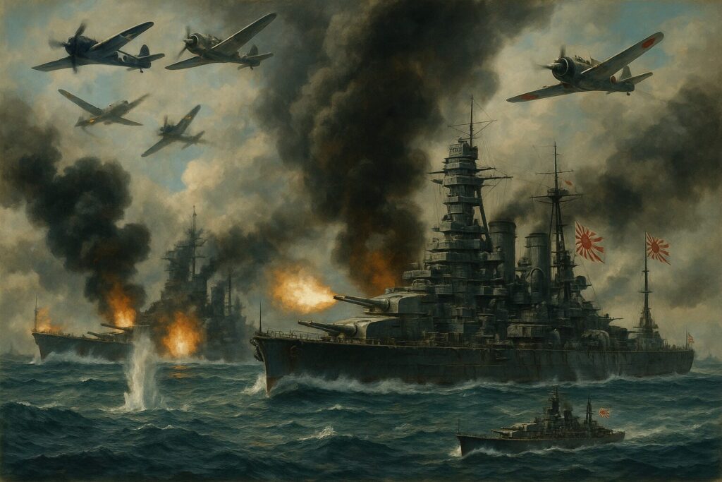 米国艦隊と交戦する戦艦伊勢と戦艦日向のイメージ
