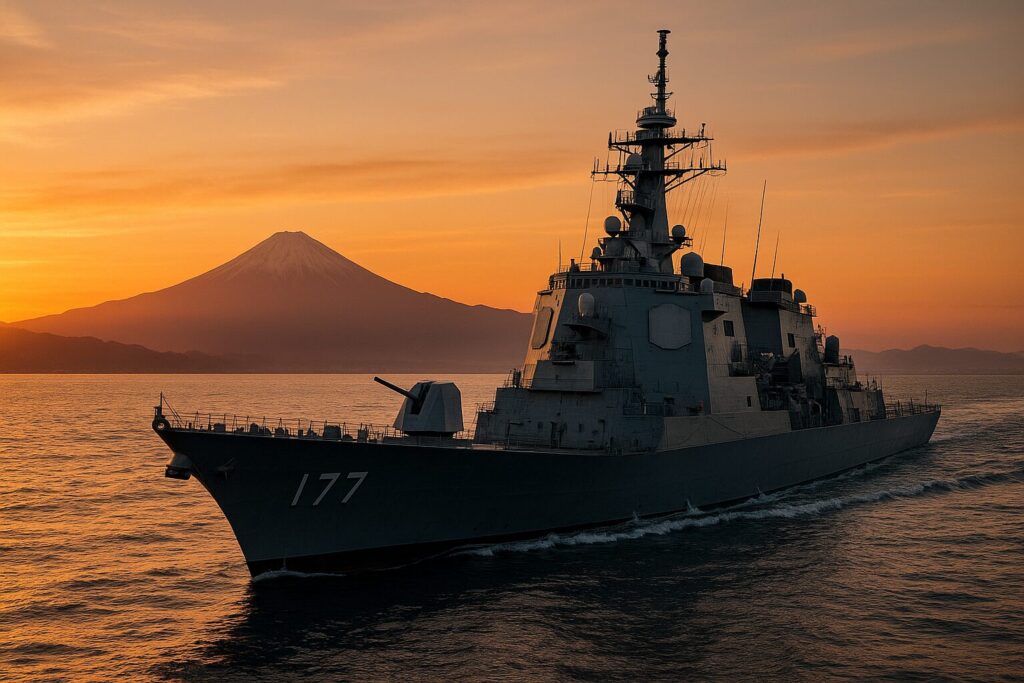 日本の最新鋭護衛艦が航行する様子。先進的なレーダーシステムと洗練された艦影が特徴