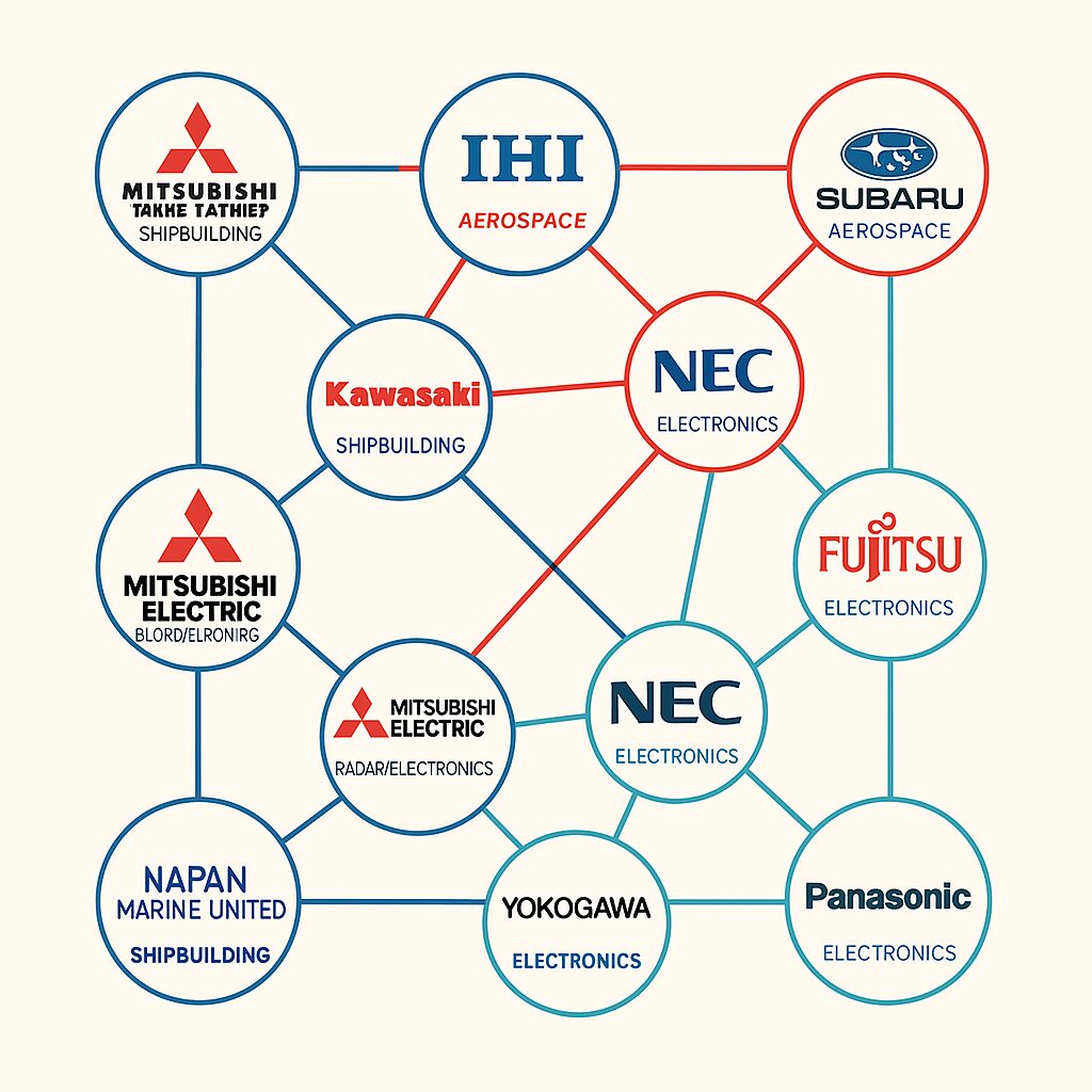 日本の防衛産業を支える企業ネットワーク図。造船、航空、電子など各分野の主要企業