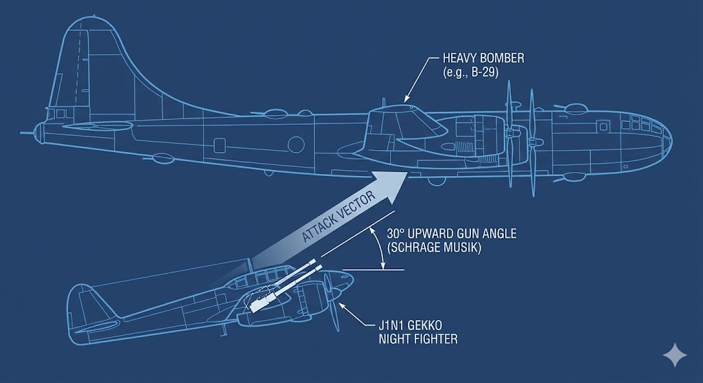 月光の斜銃攻撃を図解——真後ろ下方から上向き30度の機銃で爆撃機の腹面を狙う