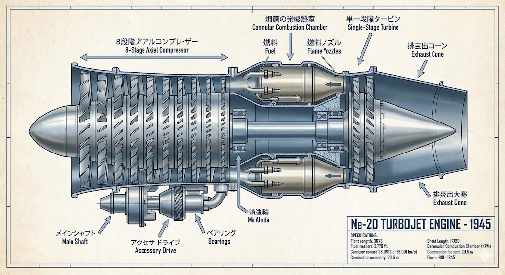 日本初の実用ジェットエンジン「ネ20」の構造図。8段軸流式圧縮機、燃焼室、1段タービンの配置が確認できる
