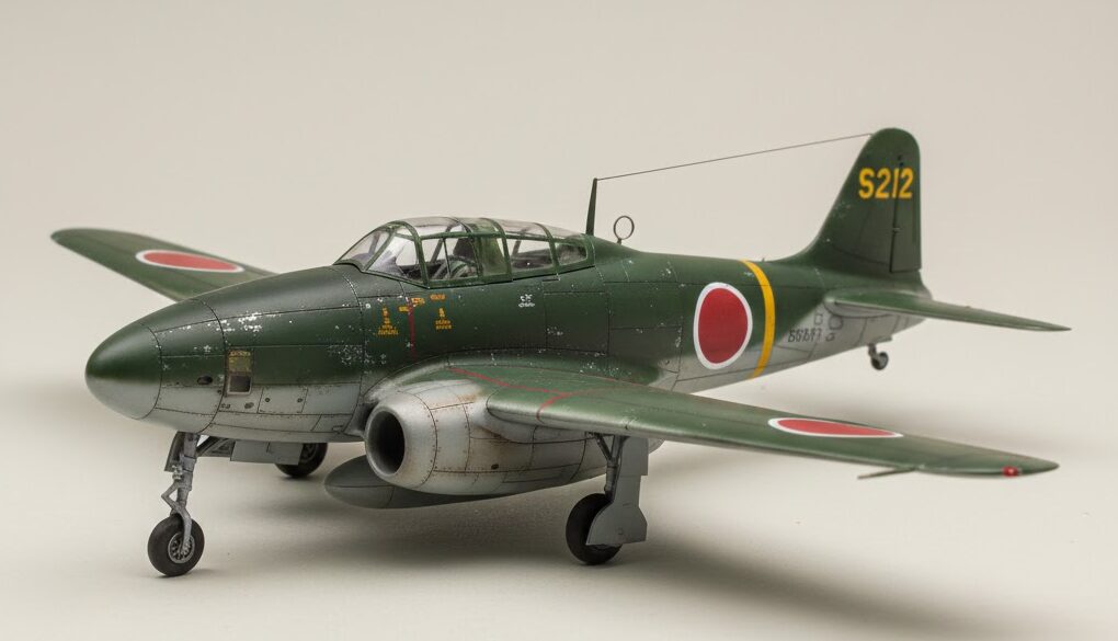 1/48スケールで精密に再現された橘花のプラモデル完成品。濃緑色の上面と明灰色の下面の迷彩塗装が施されている