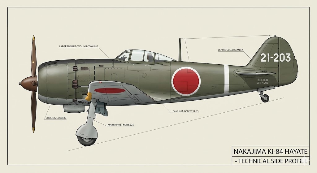 四式戦闘機「疾風」の側面図——絞り気味のカウルと腰高の主脚が特徴的な「総合力の回答」