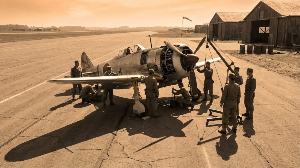 飛行場で整備を受ける二式単座戦闘機「鍾馗」