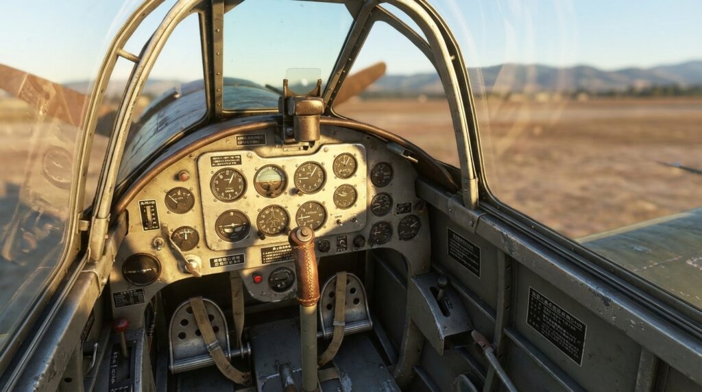 隼のコクピット内部。シンプルな計器配置と良好な視界が特徴。