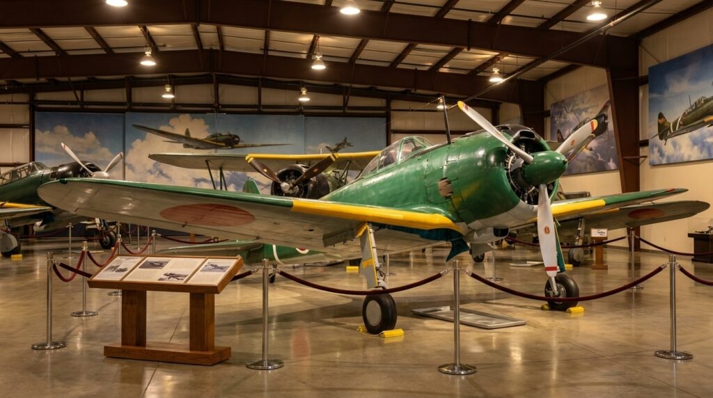 博物館に展示されている隼の実機。軽量設計の美しいラインが際立つ。