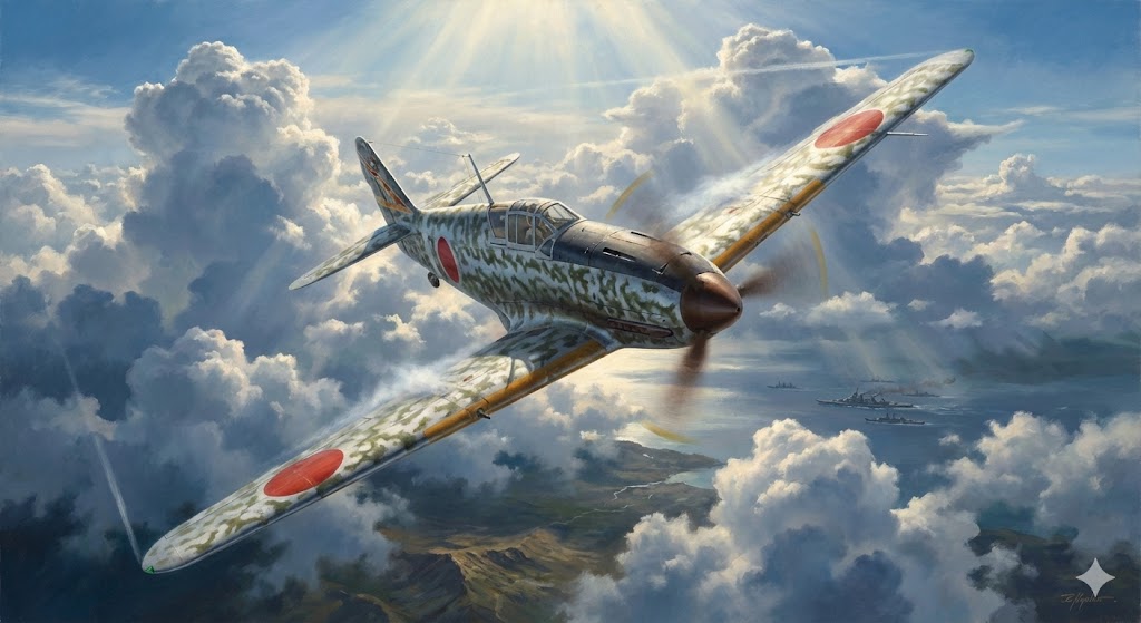 1944年、雲間を急降下する三式戦闘機「飛燕」。液冷エンジン特有の細い機首と銀地に緑の斑迷彩が特徴的なKi-61の勇姿