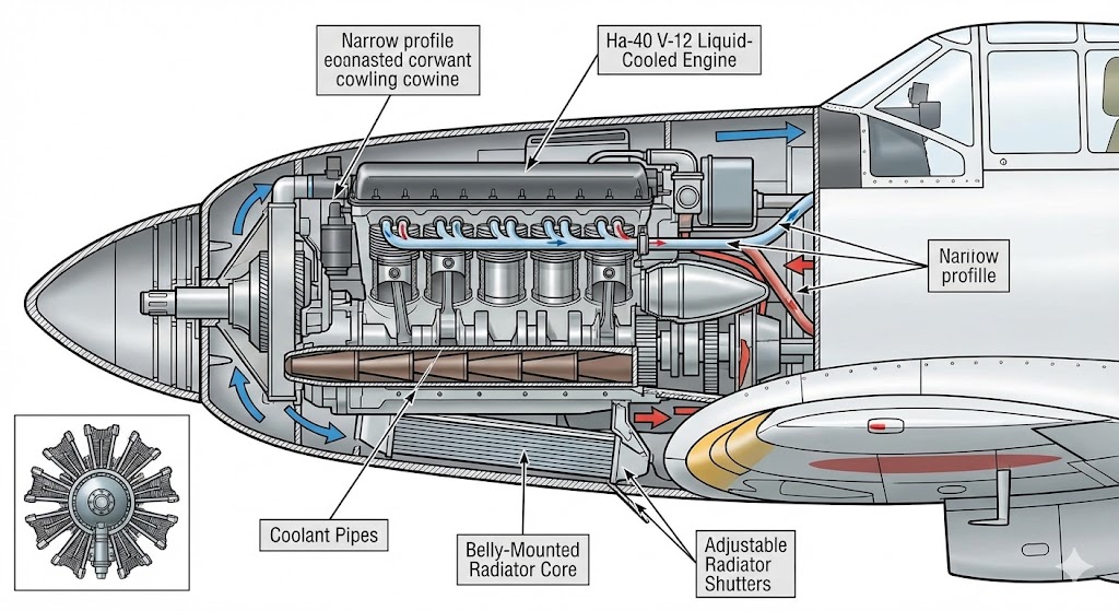 飛燕の液冷エンジン「ハ40」とラジエーター系統の構造図解。細い機首と腹下の可変シャッター付きラジエーターが液冷機の特徴を物語る