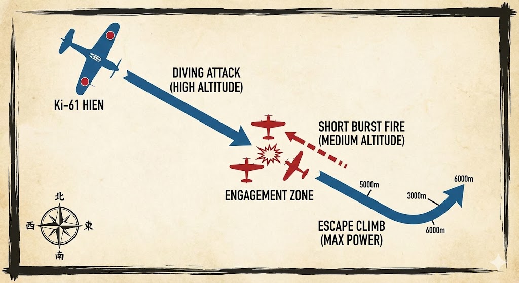 飛燕の一撃離脱戦術を示す図解。急降下で速度を乗せ、正面から短時間射撃、即座に上抜け離脱という「縦の戦い」の基本を表現