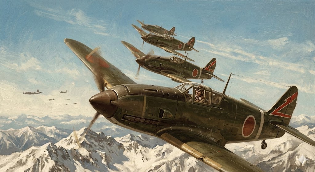 B-29迎撃に向けて上昇する飛行第244戦隊の飛燕編隊。尾翼の稲妻マークが本土防空の精鋭部隊であることを示している