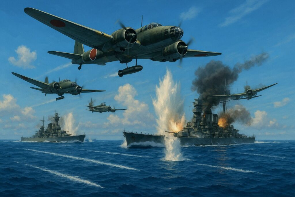 マレー沖海戦で日本海軍航空隊の攻撃を受けるプリンス・オブ・ウェールズとレパルス