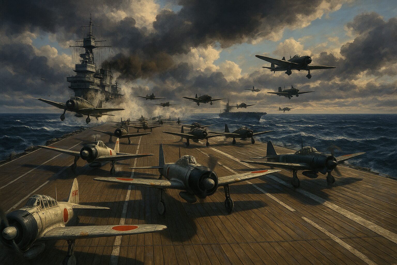 第二次ソロモン海戦で攻撃隊を発進させる空母翔鶴・瑞鶴(1942年8月)