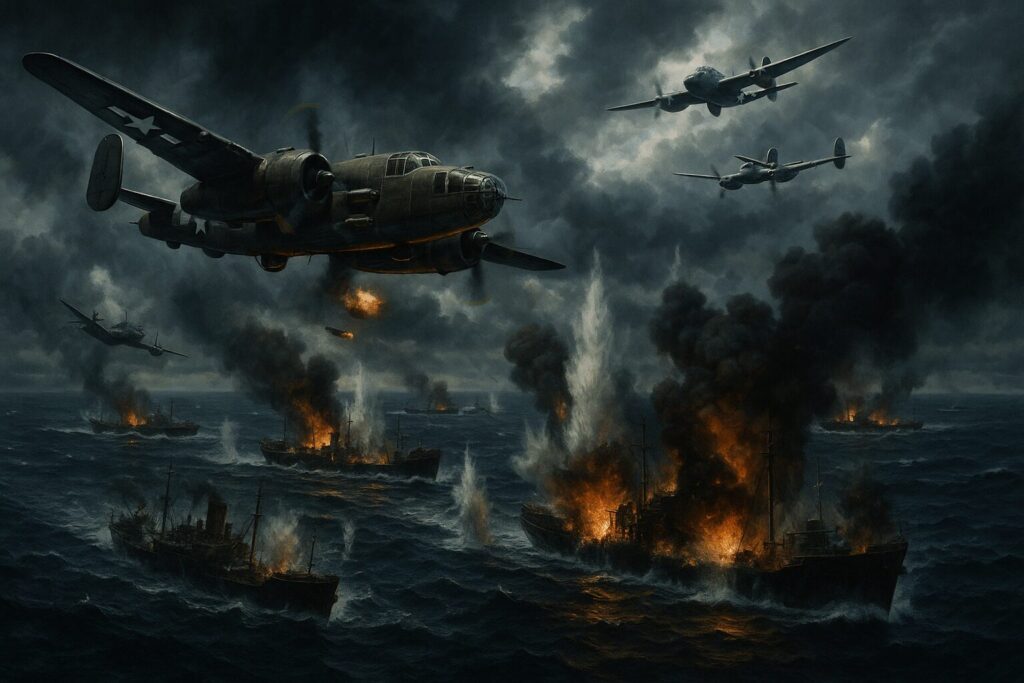 ビスマルク海海戦の様子を描いた歴史イラスト。低空爆撃を受ける日本軍輸送船団と護衛駆逐艦、爆煙が上がる海面（1943年3月）