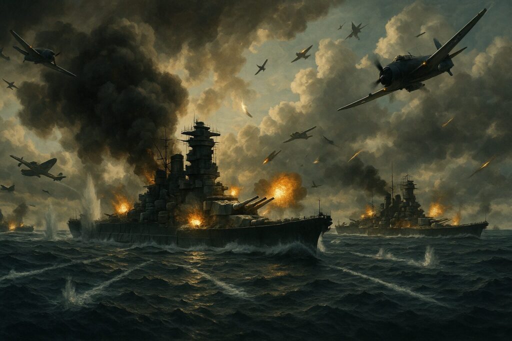 レイテ沖海戦の激戦シーン - 戦艦武蔵と米艦載機の戦い