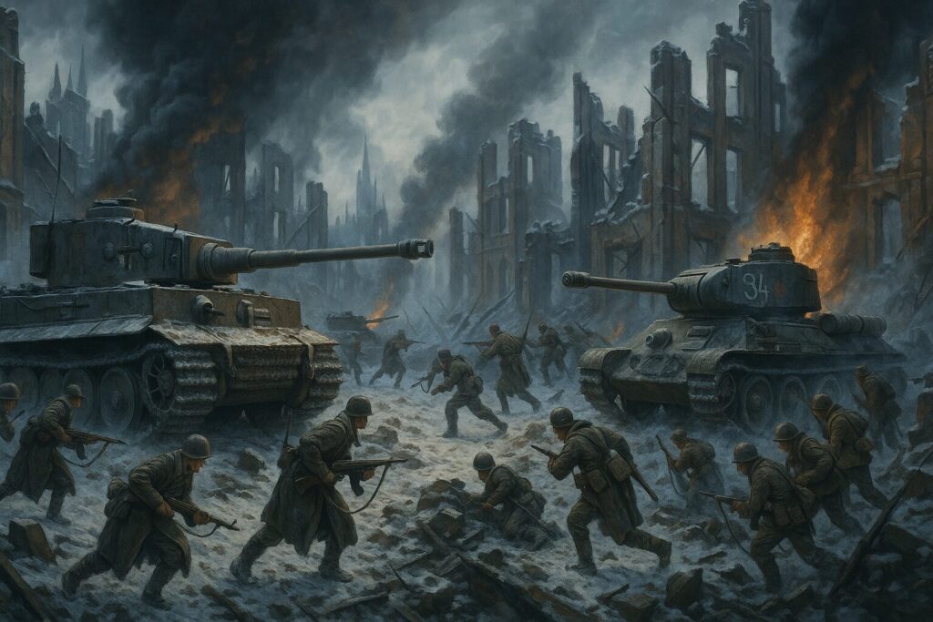 第二次世界大戦欧州戦線の激戦地 - ドイツ軍ティーガー戦車とソ連軍T-34戦車が対峙する冬の市街戦の様子