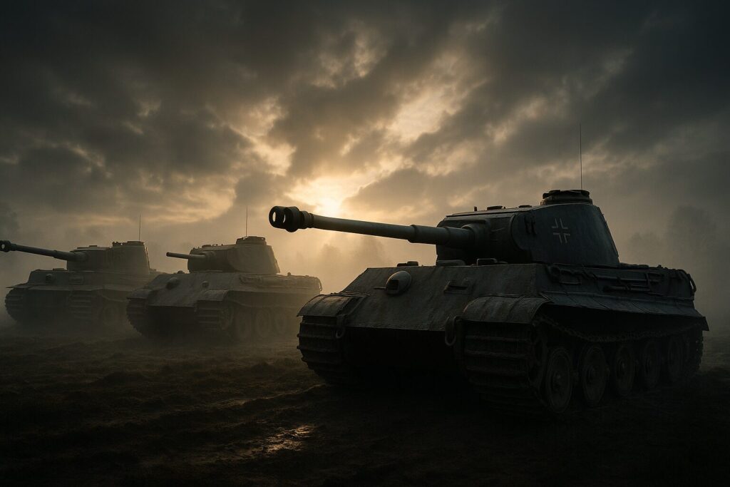 第二次世界大戦のドイツ最強戦車ティーガーI、パンター、キングタイガーが並ぶ戦場の夜明け