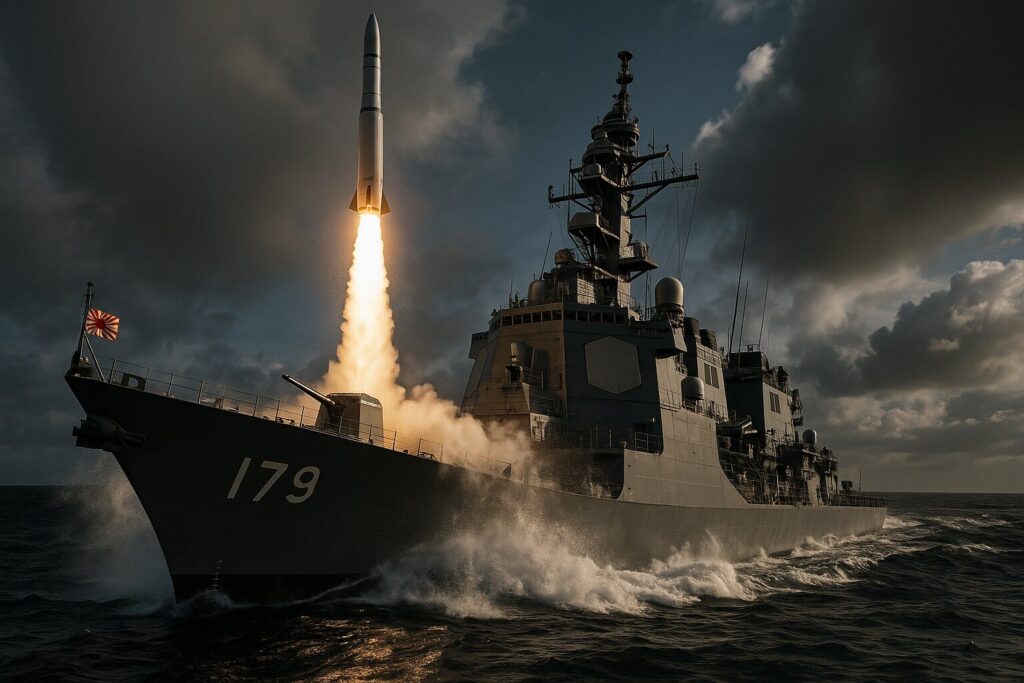 海上自衛隊まや型護衛艦によるSM-3ブロックIIA弾道ミサイル迎撃ミサイルの発射瞬間