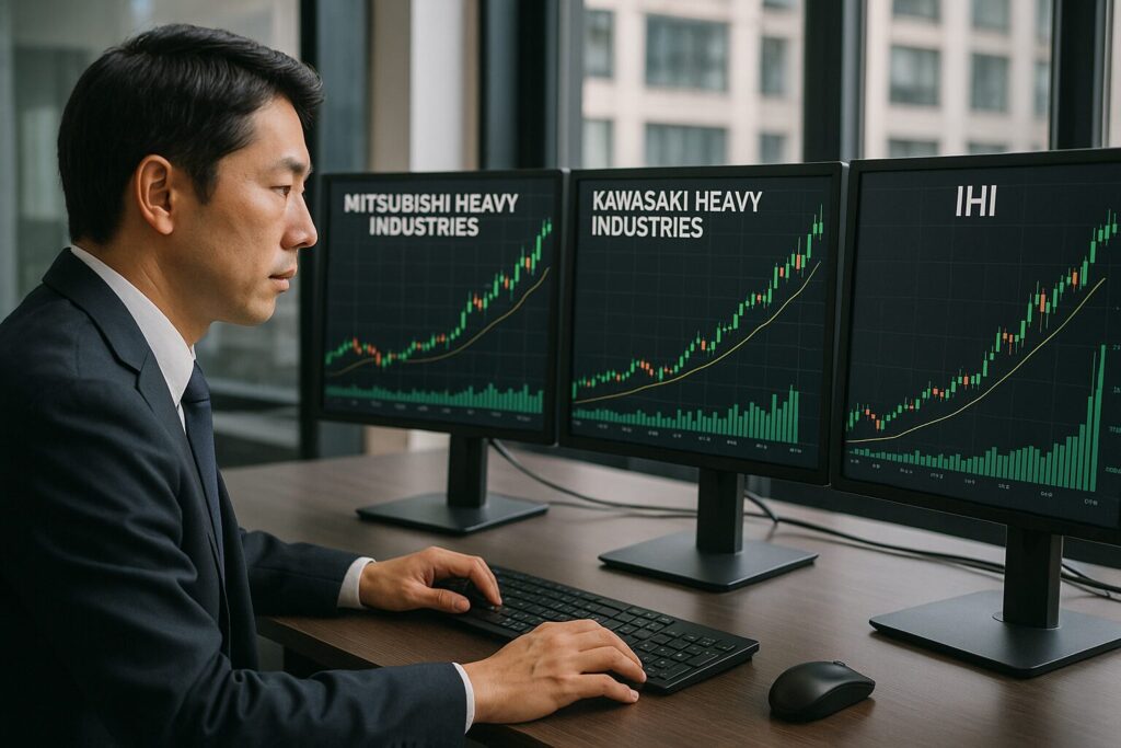 防衛関連企業の株価チャートを分析する投資家