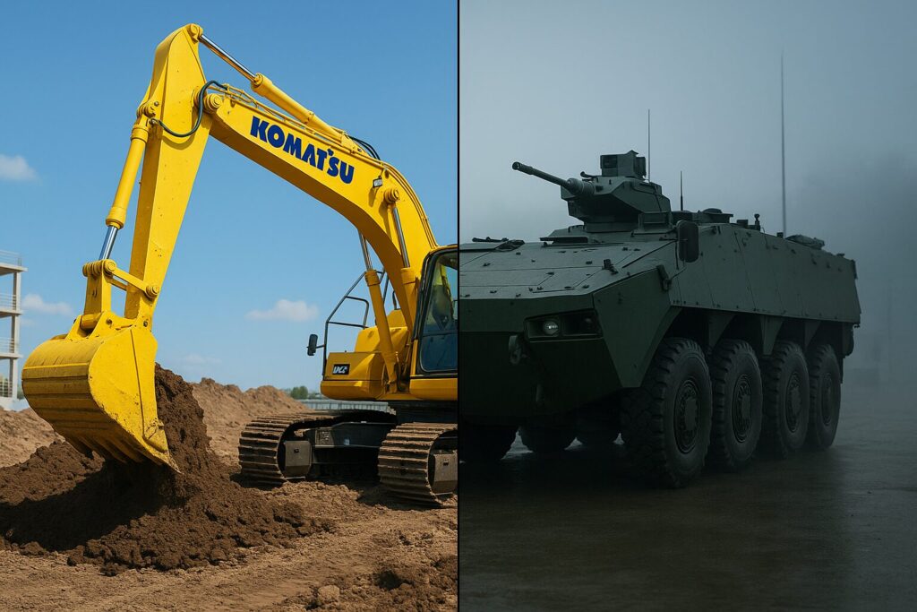コマツの建機事業と防衛事業を表すイメージ図:左側に黄色い油圧ショベル、右側に装甲車両