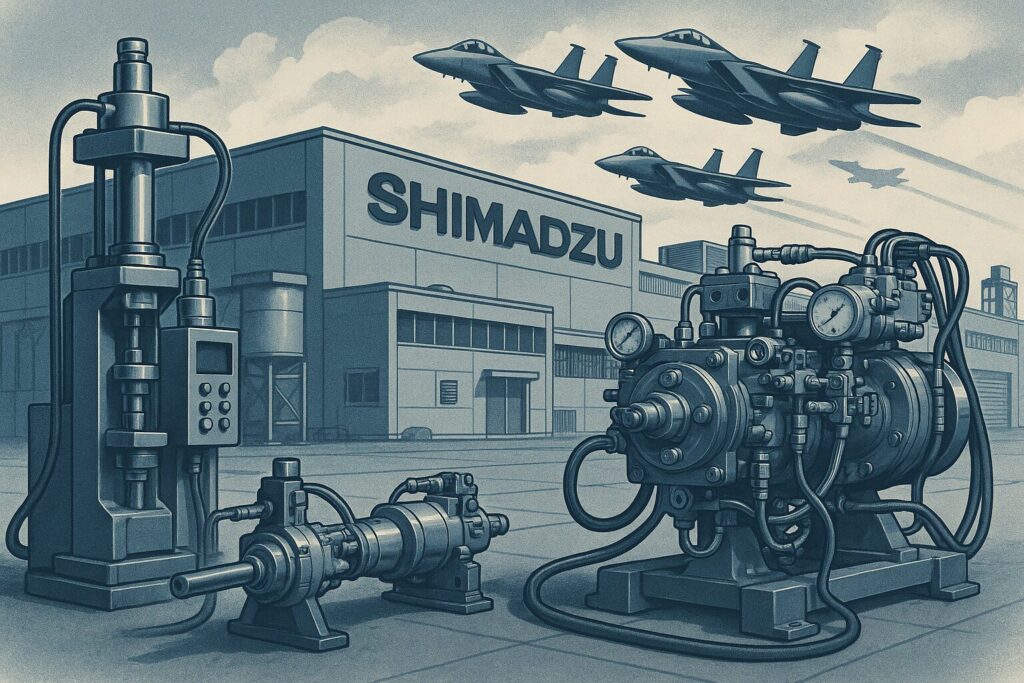 島津製作所の防衛事業を象徴する精密機器工場とF-15J戦闘機のイラスト