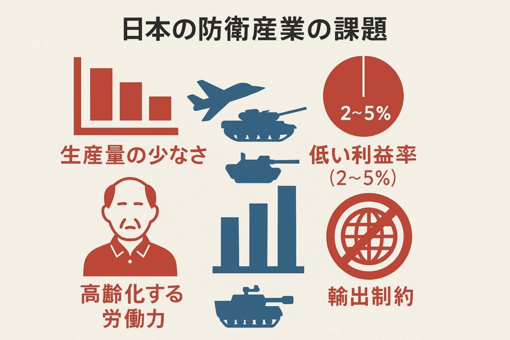 日本の防衛産業が抱える構造的課題を示すインフォグラフィック・少量生産と低収益性