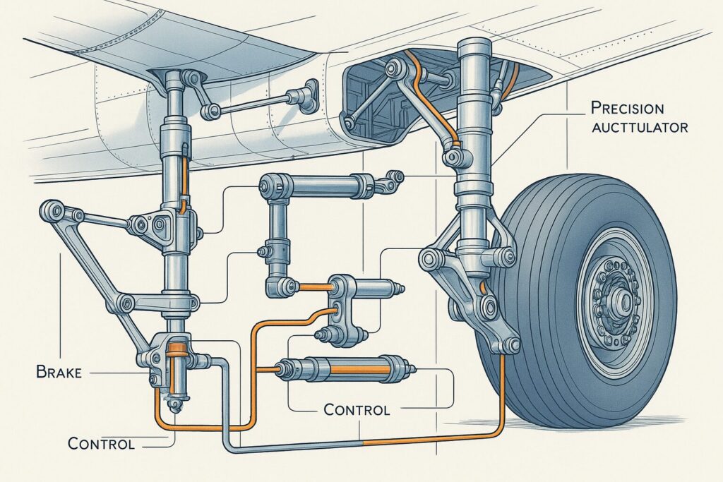 航空機用油圧機器と着陸装置システムの技術イラスト・島津製作所が製造する防衛装備品