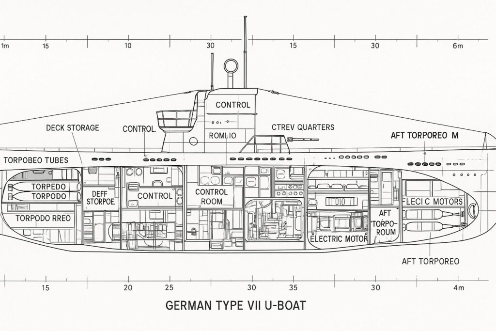 ドイツ海軍VII型Uボートの構造詳細図と内部断面図