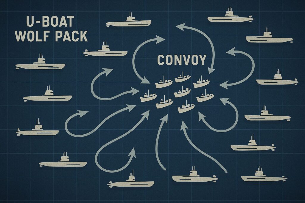 ドイツ海軍Uボートの狼群戦術（ウルフパック）を示す戦術図