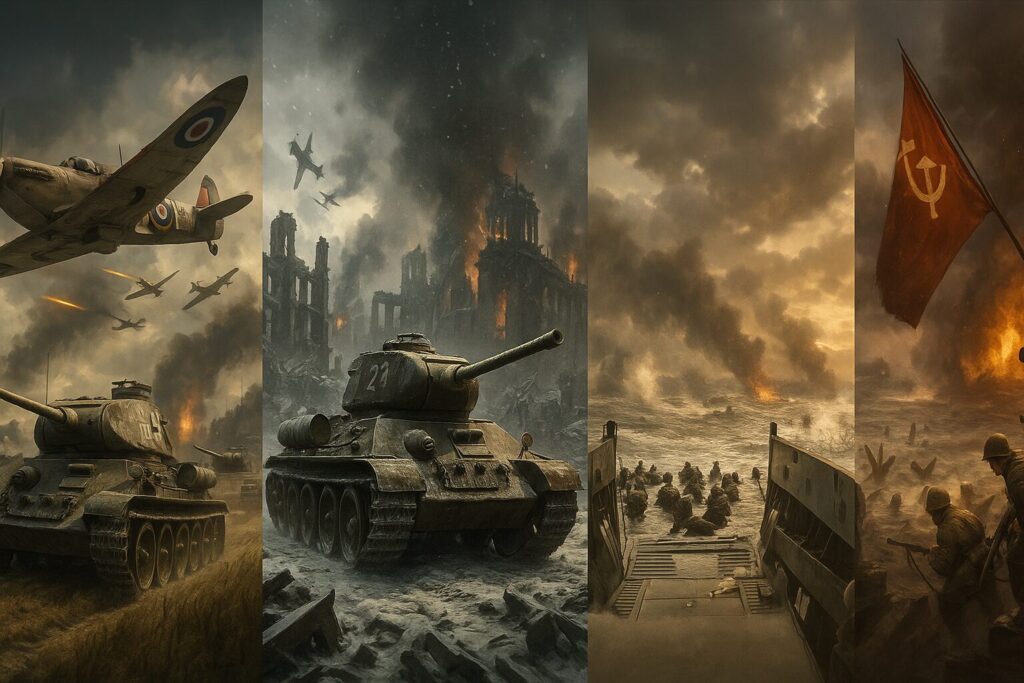 第二次世界大戦ヨーロッパ戦線の主要な戦闘場面を時系列で描いた画像。1939年ポーランド侵攻から1945年ベルリン陥落までの6年間を表現