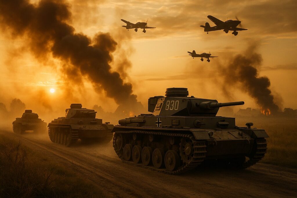 1939年9月1日、ポーランド国境を越えるドイツ軍III号戦車と上空を飛ぶシュトゥーカ急降下爆撃機。電撃戦の始まりを描いた歴史的場面