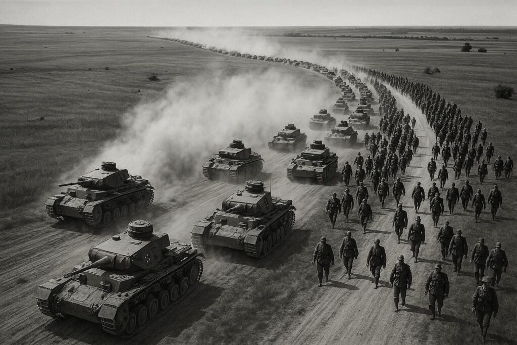 1941年6月22日バルバロッサ作戦。広大なロシア平原を進撃するドイツ軍の大部隊。人類史上最大の陸上作戦の開始