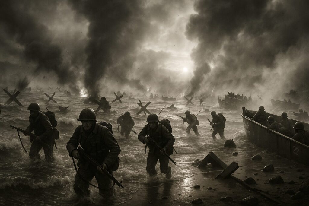 1944年6月6日ノルマンディー上陸作戦(D-Day)。オマハビーチに上陸する連合軍兵士たち。史上最大の上陸作戦