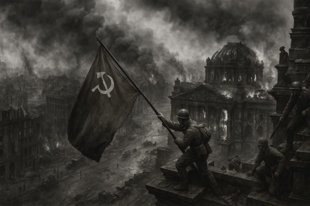 1945年5月、燃えるドイツ国会議事堂に赤旗を掲げるソ連兵。ベルリン陥落とナチスドイツの終焉