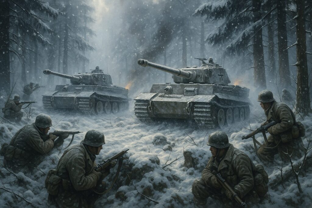 1944年12月バルジの戦い。雪のアルデンヌの森を進撃するドイツ戦車部隊。ヒトラー最後の大攻勢